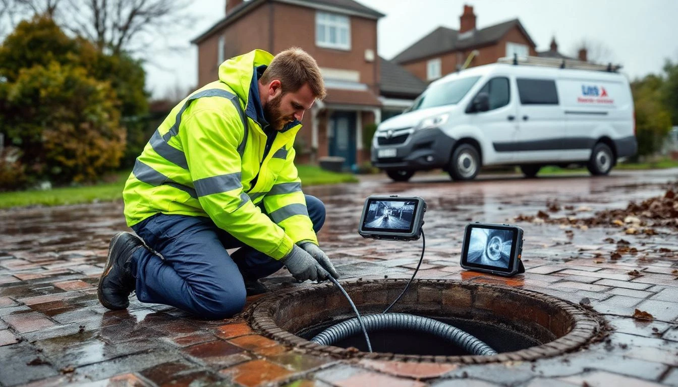 Drainage engineer conducting a CCTV drain survey at a UK residential property