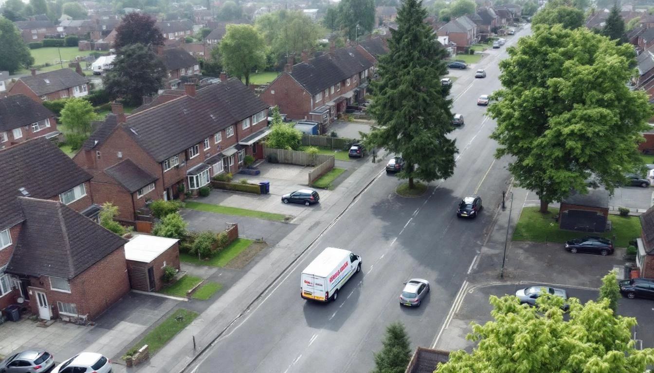 Aerial view of a residential street in Swindon, Wiltshire served by local Blocked Drains Swindon engineers